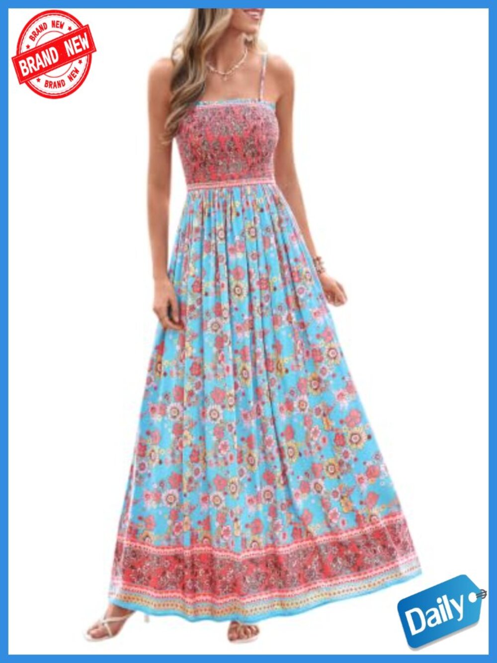 Spaghetti Strap Smocked Floral Maxi Dress with Pockets